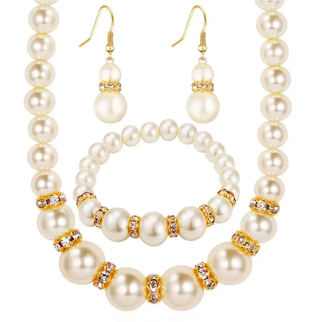 3 In1 Set Elegant Simulated Pearl Necklace Earrings Bracelet Long Necklace Women Bridal Wedding Jewelry Gift Beautiful Jewelries