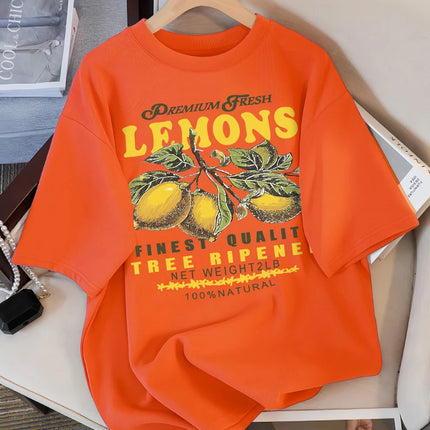Lemons Fruits Premium Fresh Printing T Shirt Woman Loose Cotton Sportswear O-Neck Casual T Shirts Loose All-Match Short Sleeve