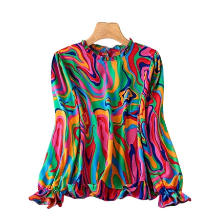 Plus Size 1XL-5XL Women Fashion Round Neck Long Sleeve Print Blouse Shirts Ladies Casual   Boho Blouse Shirt Top