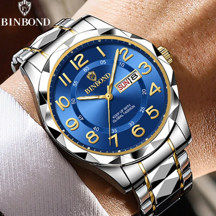 BINBOND Top Brand Luxury Men's Wristwatch Waterproof Luminous Date Week Men's Watches Stainless Steel Quartz Men's Watch Male reloj