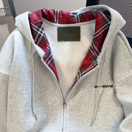 American Lazy Sle Retro Plaid Splicing Hoodie Cardigan Men's Unique Matchable Hooded Jaet Trendy Couple Outerwear