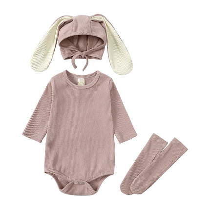 2026 Newborn Baby Rabbit Romper Clothes 3 Pcs Solid Ear Hat Bodysuit Socks Casual Bunny Costume 0-24M Boy Girl Outfits