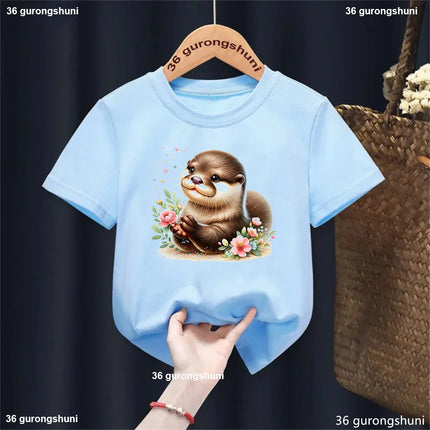Harajuku Kawaii Kids Clothes Funny Otter Love Flowers Animal Printed T-shirt Girls/Boys Summer Fashion T-shirt Tops