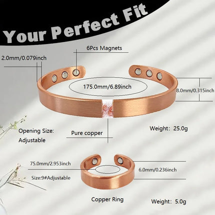 Set Pure Copper Bracelets and Rings for Women Men Simple Cuff Magnetic Bangles Arthritis Health Solid Copper Jewelry