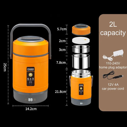 12V Car Electric Lunch Box Portable Outdoors 304 Stainless Steel Keep Warm Pot Double-layer Lunch Box 220V Food Heater 1.6L/2L