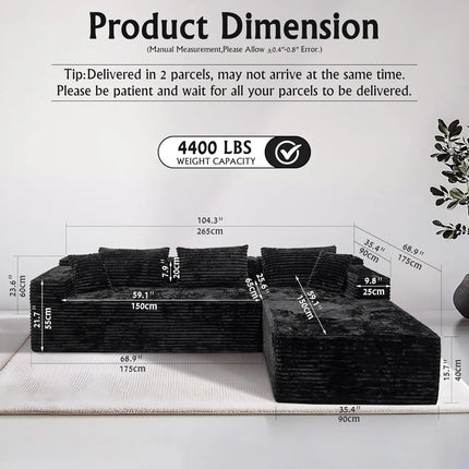 Black sectional couches for Living Room Corduroy Couch，104" Cloud Sectional Couch with L-Shape Chaise， Modern, Customized
