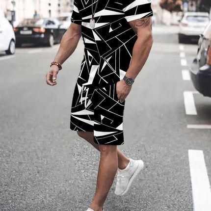 2025 Summer Men's Clothing Letter Print Short Sleeve Top Men's Elastic Waist Shorts 2-piece Set Plus Size T Shirts Shorts Set