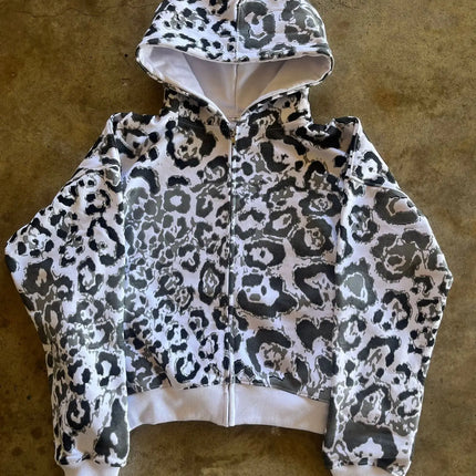 Hip Hop Casual Leopard Print Long Sleeve Hoodie 2000s Autumn Winter Fashion High Street America Dopamine Loose Zipper Sweatshirt