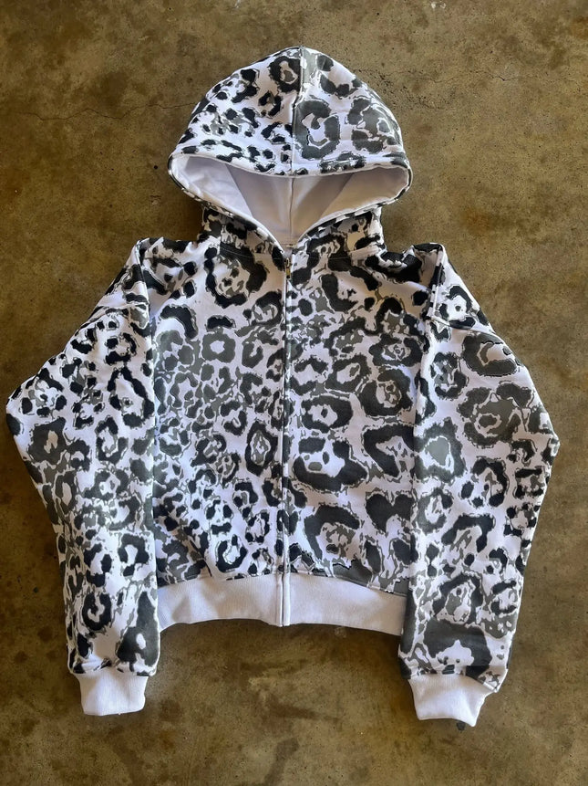 Hip Hop Casual Leopard Print Long Sleeve Hoodie 2000s Autumn Winter Fashion High Street America Dopamine Loose Zipper Sweatshirt