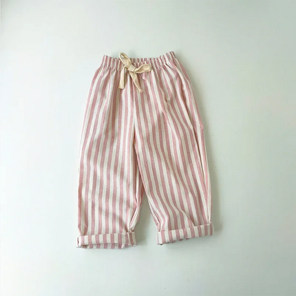 Retro Hemp Cotton Striped Boys' Pants with a Casual and High-end Design Elastic Waist Girls' Clothing Children's Pants