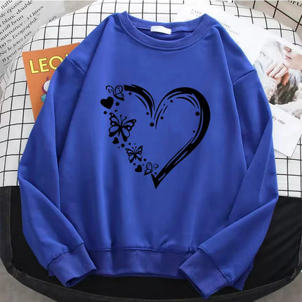 Fashion Y2k Heart with Butterfly Womens Hoodies Warm Fleece Sweatshirt Soft Breathable O-Neck Pullover Casual Female Clothes
