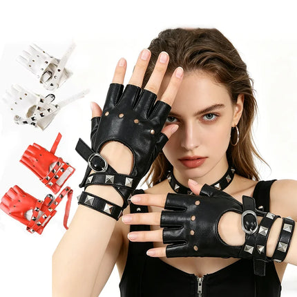 Punk Style Willow Nail Leather Half Finger Gloves for Women Cool Sexy Rock Dance Gloves Sexy Wrist Wrapping Hollow Gothic Gloves
