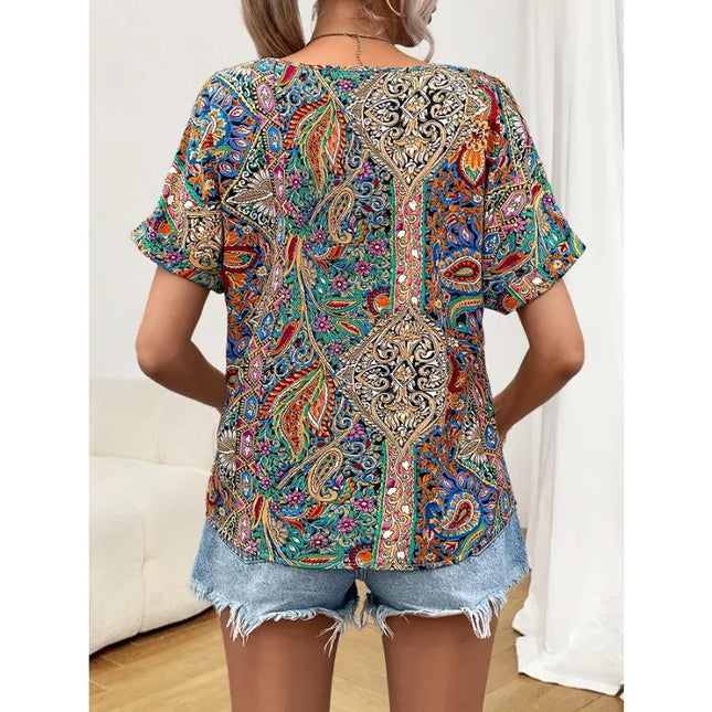 Plus Size 0XL-5XL Women's Fashionable V-neck Printed Casual and Comfortable Short Sleeved Shirt