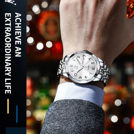 OLEVS Original Luxury Brand Watch for Men Waterproof Silver Stainless Steel Classic Casual Quartz Wristwatch Date Week Man Gift