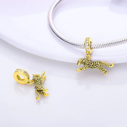 Gold Series DIY Charms Bead Original 925 Sterling Silver Inlaid Zirconium Sun Leopard Pendants Fit Bracelet Jewelry Gift Marking