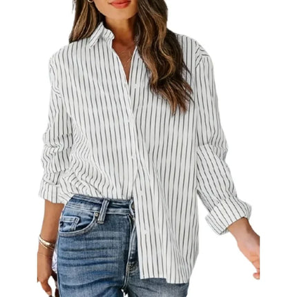 Plus Size 1XL-5XL Women's Casual Striped Long Sleeve Button Shirt New Fashionable Cotton Polyester Blend Top