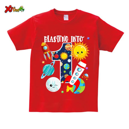 Boys Outer Space Birthday Shirts Girl Custom Outfit Rocket Children's Summer Cotton Top Clothing Set Clothes Children Clothing