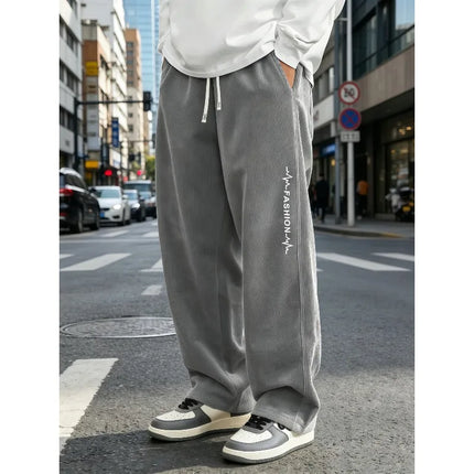 Men's corduroy wide leg pants with elastic drawstring, loose straight leg pants, fashionable letter printed streetwear,   S-4XL