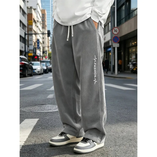 Men's corduroy wide leg pants with elastic drawstring, loose straight leg pants, fashionable letter printed streetwear,   S-4XL