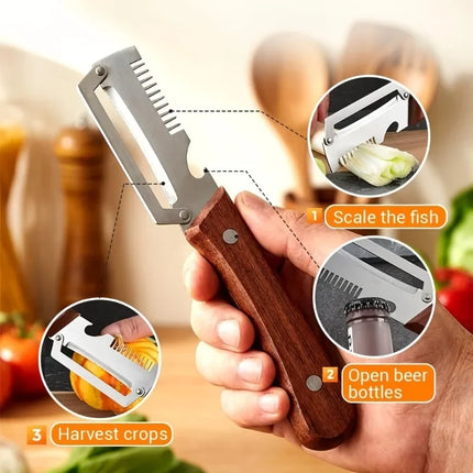 Two-piece heavy-duty stainless steel peeler and slicer，Equipped with a bottle opener and straight blade design。Suitable for suga
