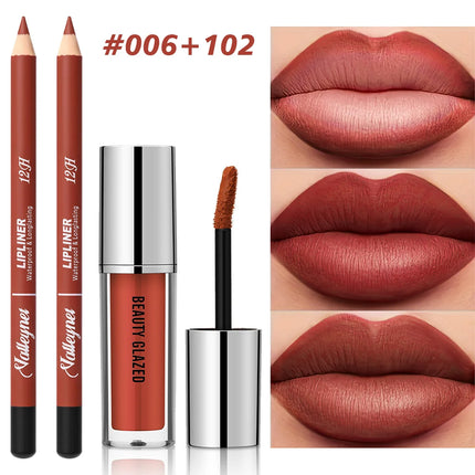 2Pcs/Set Lip Liner + Lipstick, Pink Brown and Purple, Long-lasting Matte, Waterproof and Easy to Apply, Create Daily Makeup