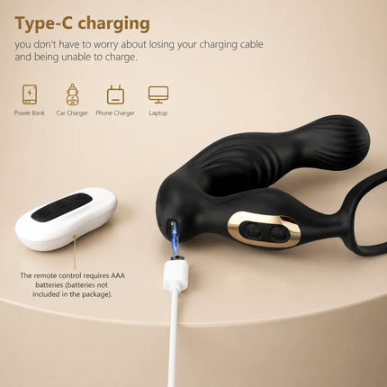 Prostate Massager Vibrator for Men Anal Plug Rechargeable 360 Rotating Head Remote Control Penis Ring Waterproof Sex Toy for Gay