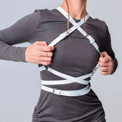 Women Trendy Leather Harness White Goth Underwear Suspenders Bondage Chest Harness Garter Belt Fetish Clothing Adjustable Strap