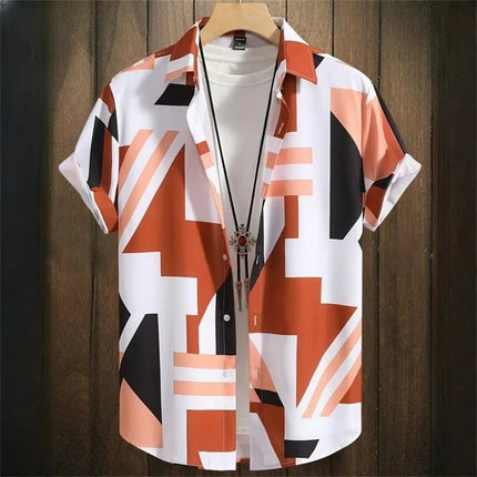 2026 Summer Men's Short-Sleeve Shirt with Asymmetrical Print Hawaiian-Style Collar Plus Size Casual Men's Wear