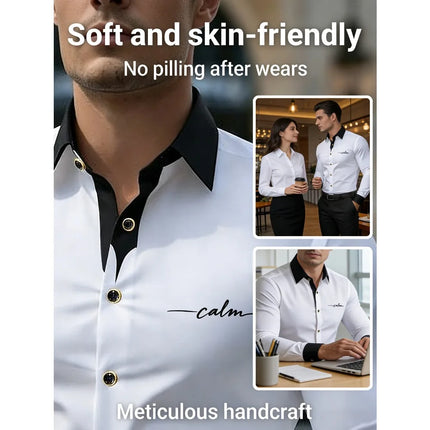 FGKKS Men Shirts Brand Fashion Printed Smart Casual Business Long Sleeve Patchwork Micro Elastic Male Dress White Shirt