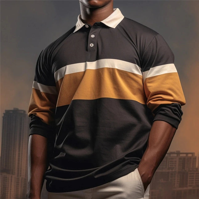Casual Striped Graphic Polo Shirts For Men Simple Autumn Business 3D Printed Long Sleeve Golf Polo Loose Breathable Lapel Tops