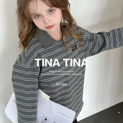 SeasonSea Girls Striped Cotton Sweatshirt Autumn Winter Kids Polo Collar Pullover Long Sleeve Tops Casual Children Clothes