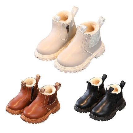 Winter Kids Boys Girls Fashion Boots British Style Zipper Velvet Warmth Non-Slip Short Boots Anti-slip Children Leather Shoes
