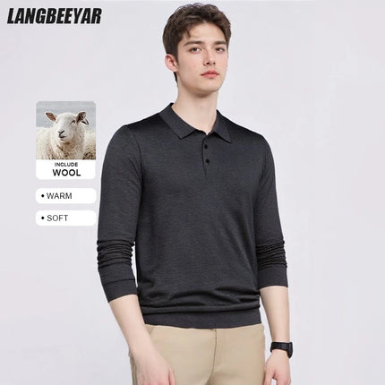 High End With Wool New Fashion Designer Brand Luxury Polo Shirt Striped Neck Shirt Men Casual Long Sleeve Tops Men Clothes