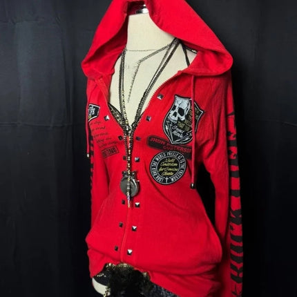 Streetwear Letter Skull Printing Hoodies Women Harajuku Vintage Zipper Gothic Sweatshirt Y2k Aesthetic Red Grunge Casual Hoody