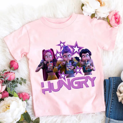 2026 New Style Korean-style Demon Hunter Printed Cotton Fashion Casual Round-neck Cartoon Girls' T-shirt for Summer