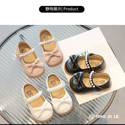 Toddlers Girls Leather Shoes Little Kids Casual Flats Princess Sweet with Pearls Beading Bow-knot 2024 Dress Party Shoes Soft