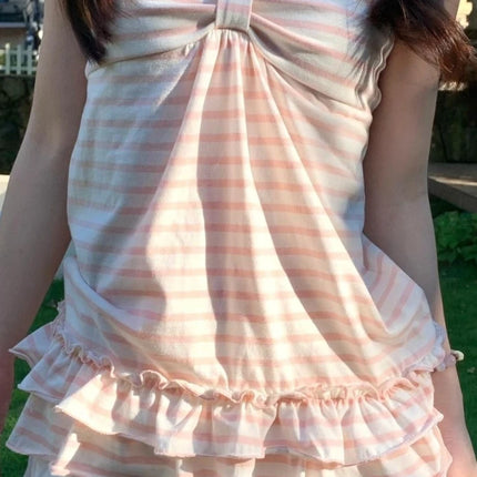 Deeptown Japanese Sweet Camis Women Kawaii Striped Pink Bow Sleeveless Vest Coquette Fashion Cute Summer Slim Up Ruffles Tanks