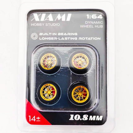 1 Set 10.8mm 1/64 Model Car Wheels for HW Ball Bearing Tires with Brake Disc Caliper Axles Rims for 1:64 Toy Models Tomica JDM