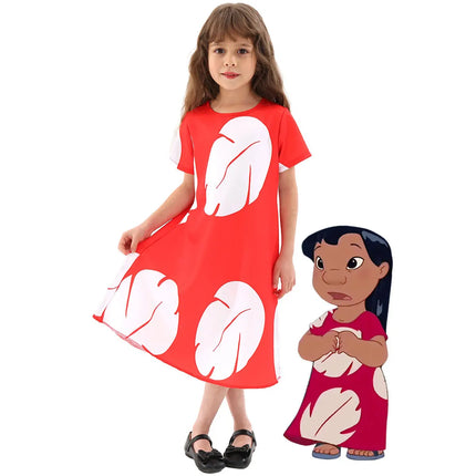 Disney Baby Lilo Stitch Dress For Girl Interstellar Animation Cosplay Short Sleeve Cute Printed Dress + Doll Accessories Set