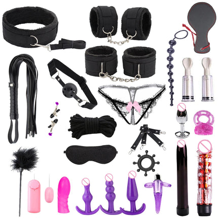 BDSM SexLove Set Kits Adults Sex Toys for Women Men Handcuffs Nipple Clamps Whip Spanking Sex Metal Anal Plug Vibrator Butt