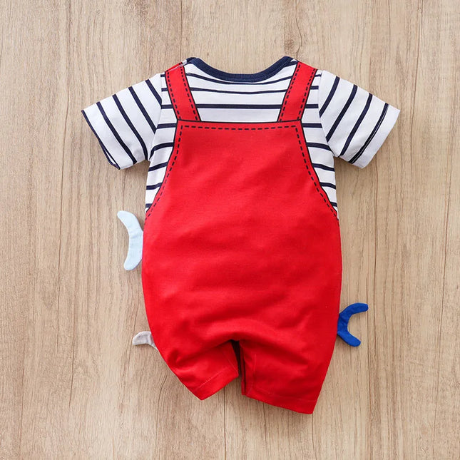 Newborn Clothes Cute Cartoon 3D Shark Print Strap Fake Two Comfortable Summer Boys and Girls 0-18M Short-Sleeved Baby Jumpsuit