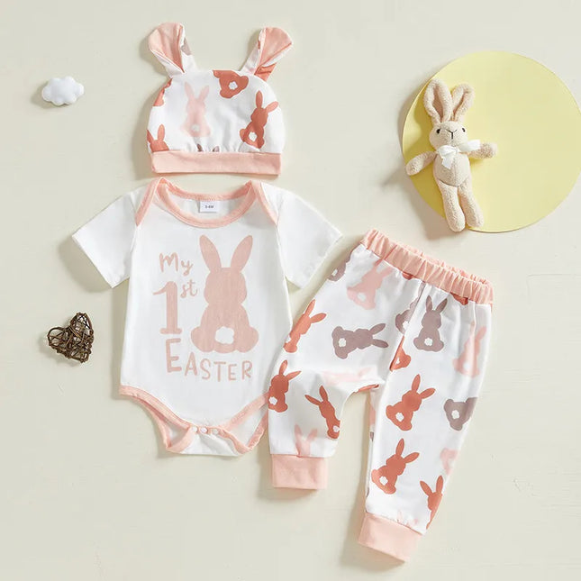 0-18months Baby Girl Boy Easter Outfit Bunny Print Short Sleeve Romper Long Pants Hat with Rabbit Ears 3 Pcs Set