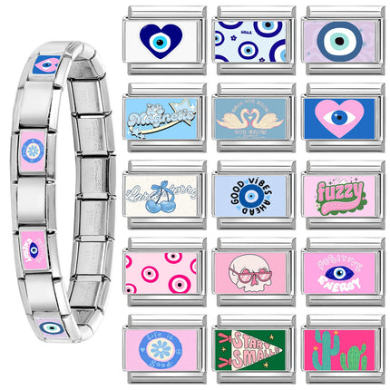 2025 New Vintage Devil Eye Blue Heart Italian Charms Link 9mm Golden Modular Bracelet Stainless Steel DIY Gift Jewelry Wholesale