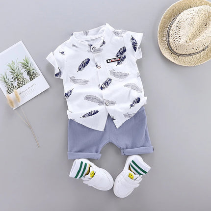 0-3 year old baby summer feather printed shirt short sleeved shorts set with fashionable cartoon random printing 2-piece set wit