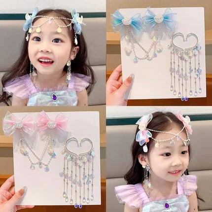 Baby Mermaid Princess Hair Clip - Pearl Tassel Bow Forehead Chain for Girls, Cute Children's Hair Accessories