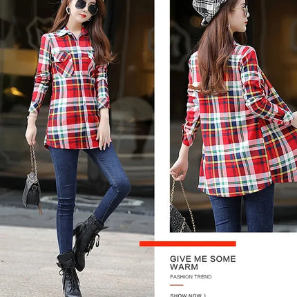 Thickened Fleece Women's Long Sleeve Shirt Warm Slim Fit Midi Length Plaid Korean Style Fashionable Women's Button-up Top
