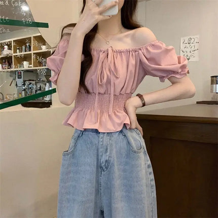 French Style Bubble Sleeve Shirt Women's Short Sweet Sensation Waist Cinched One Shoulder Top Polyester Blend Regular Sleeve