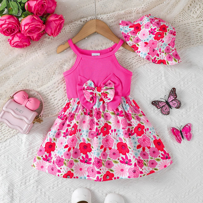 2Pcs Summer Baby Girl Maple Leaves Bow Dress + Hat Set 0-3 Year Old Baby Girl Summer Beach Vacation Casual Dress