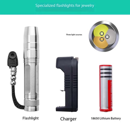 Ultra-Bright Three-Color (White/Purple/UV) Light Source Stainless Steel Jewelry Inspection Flashlight For Gem Testing And DIY