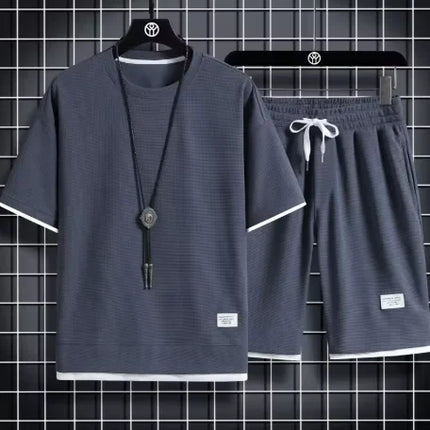 2026 new Summer Men's Waffle Sets Casual T-Shirt And Shorts Set Male Sports Suit Solid Color Tracksuit Loose Suits